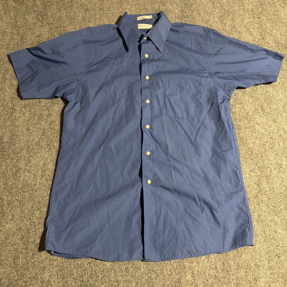 Van Heusen Poplon Shirt Mens 15 1/2 Blue Short Sleeve Button Front Wrinkle Free